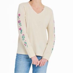 Life Is Good Long Sleeve Top with Floral Design—Cream